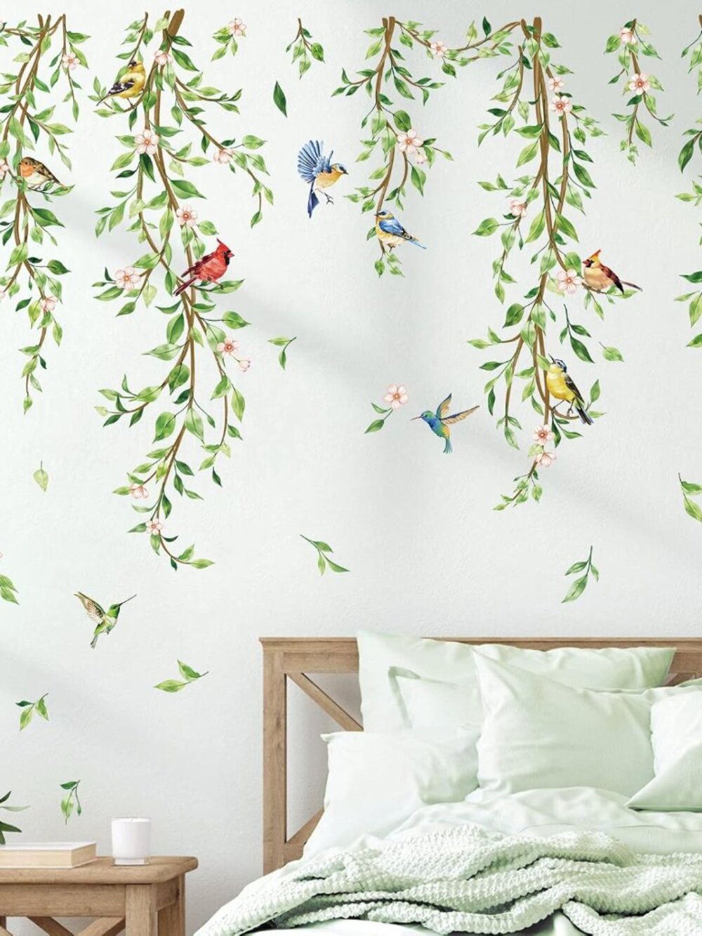 Green Vine Plants Leaves Birds Sofa TV Wall Decals Stickers